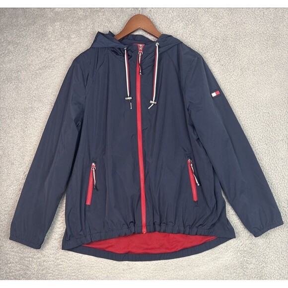 Tommy Hilfiger Women's Navy Hooded Rain Windbreaker Jacket Size L - Picture 1 of 9